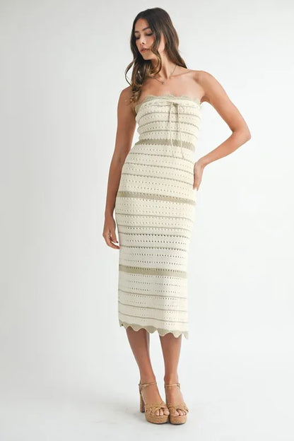 MABLE Contrast Striped Crochet Knit Midi Dress LT TAUPE