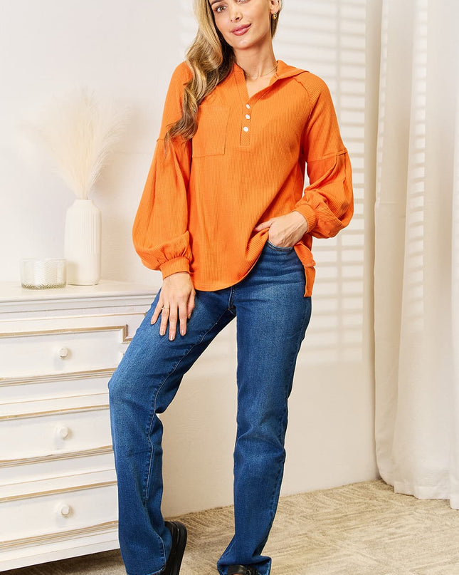 Basic Bae Side Slit Buttoned Waffle Knit Hoodie