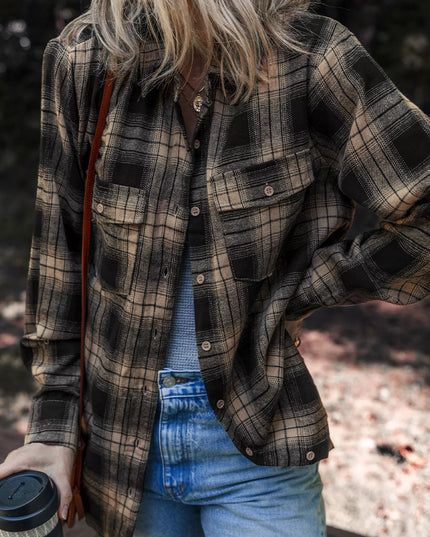 Plaid Double Flap Pocket Brushed Shacket