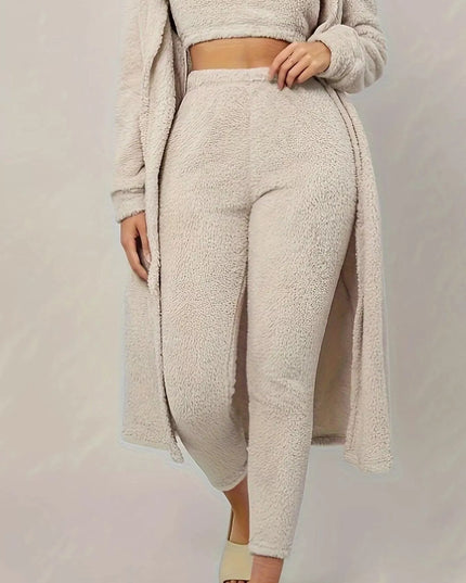 Fuzzy Tank Long Sleeve Cardigan and Pants 3-Piece Lounge Set