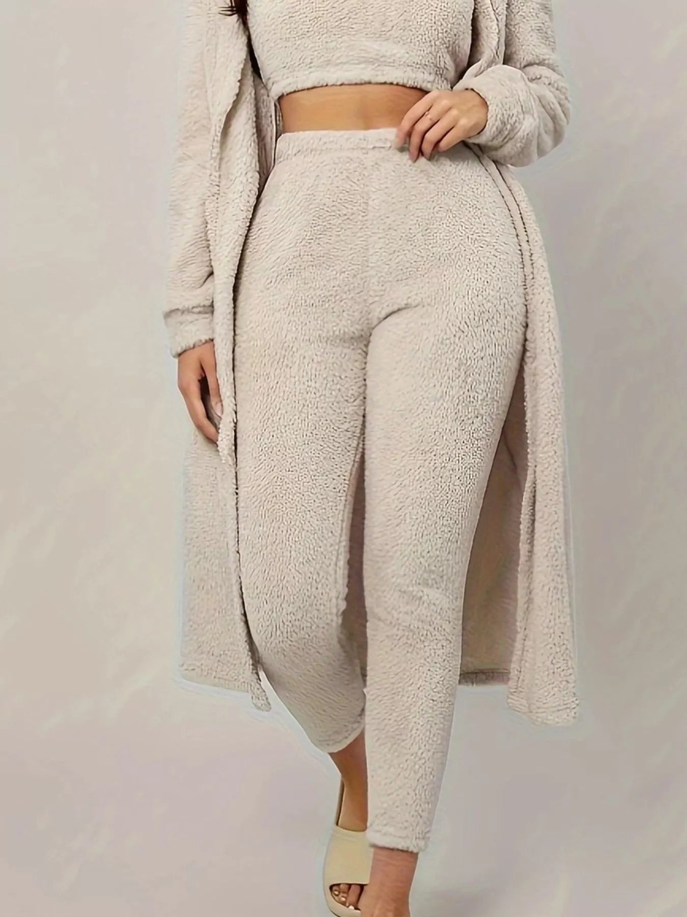 Fuzzy Tank Long Sleeve Cardigan and Pants 3-Piece Lounge Set