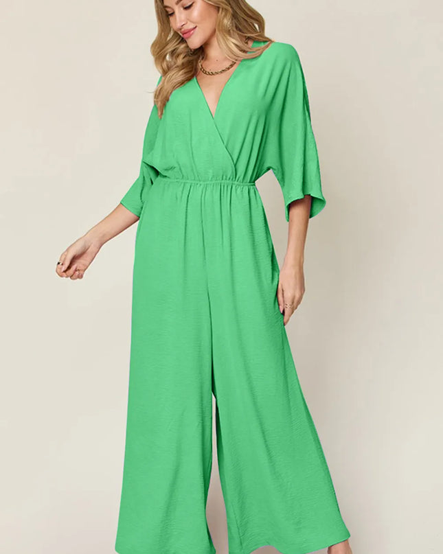 Double Take Full Size Surplice Wide Leg Jumpsuit with Pockets Mid Green