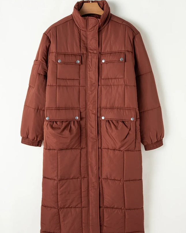 Pocketed Bubble Texture Long Sleeve Longline Winter Coat
