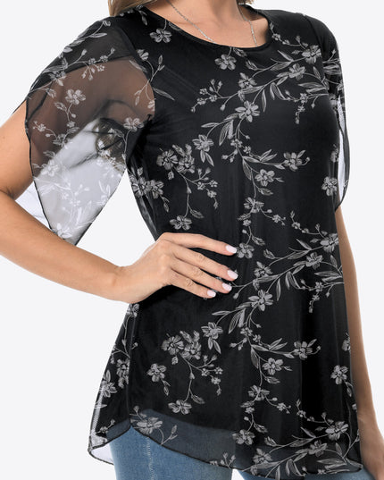 Printed Round Neck Curved Hem Blouse