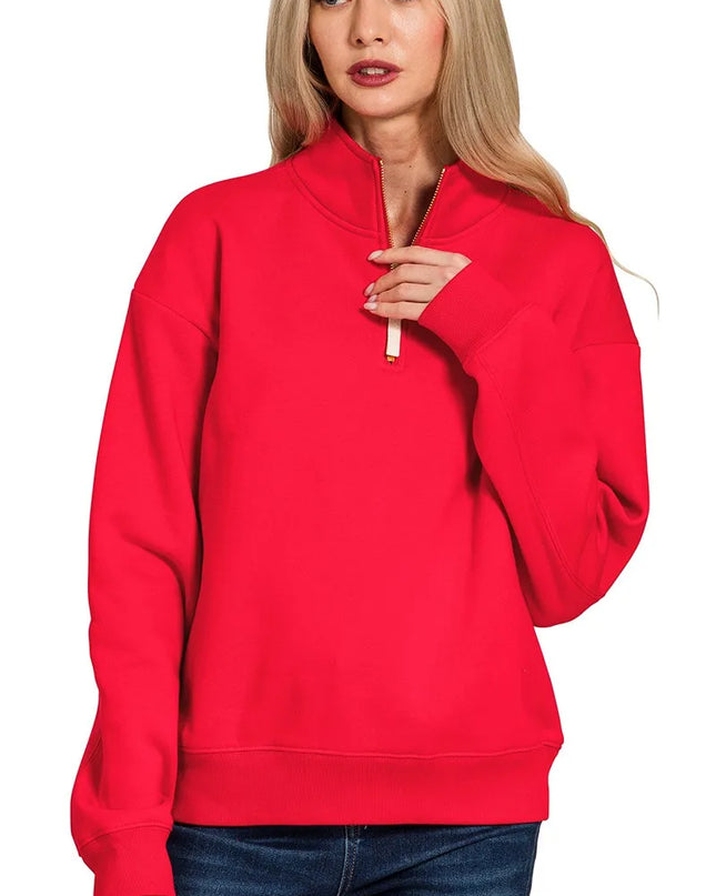 Zenana Fleece Half Zip Sweatshirt RUBY