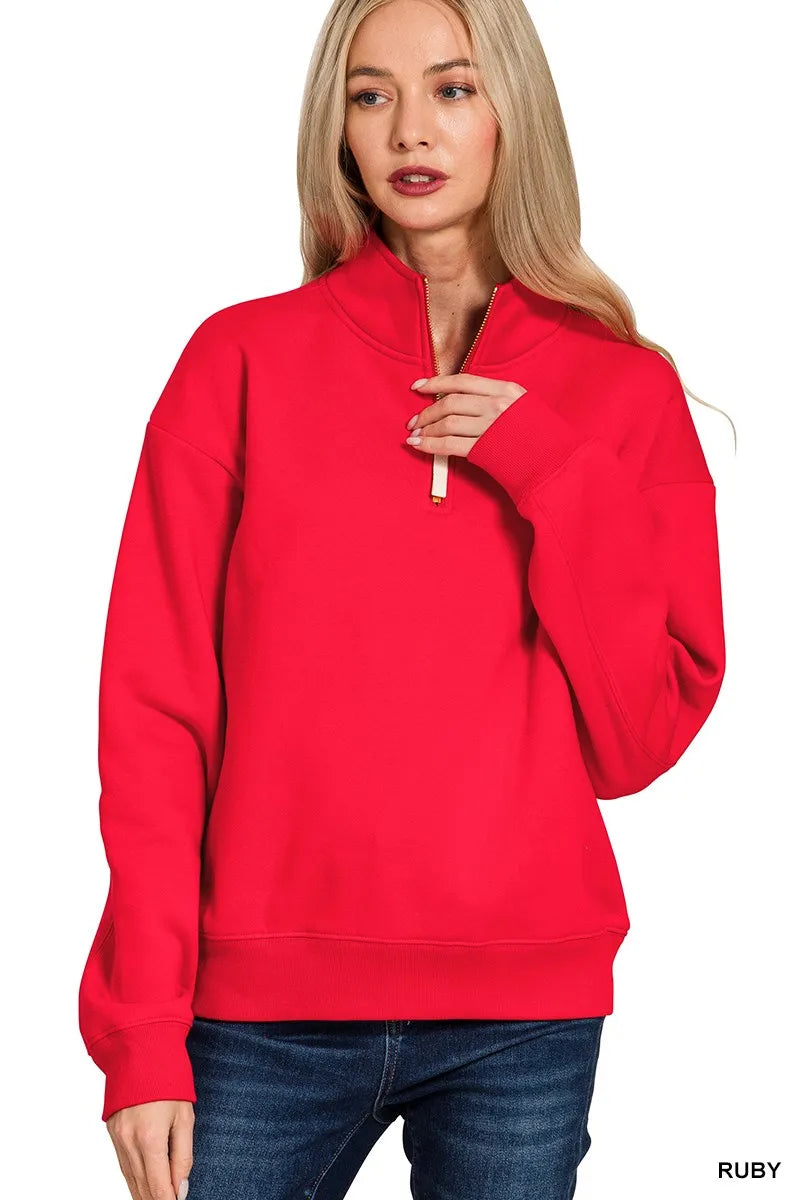 Zenana Fleece Half Zip Sweatshirt RUBY