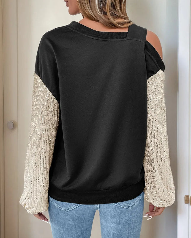 Perfee Sequin Asymmetrical Neck Long Sleeve Sweatshirt