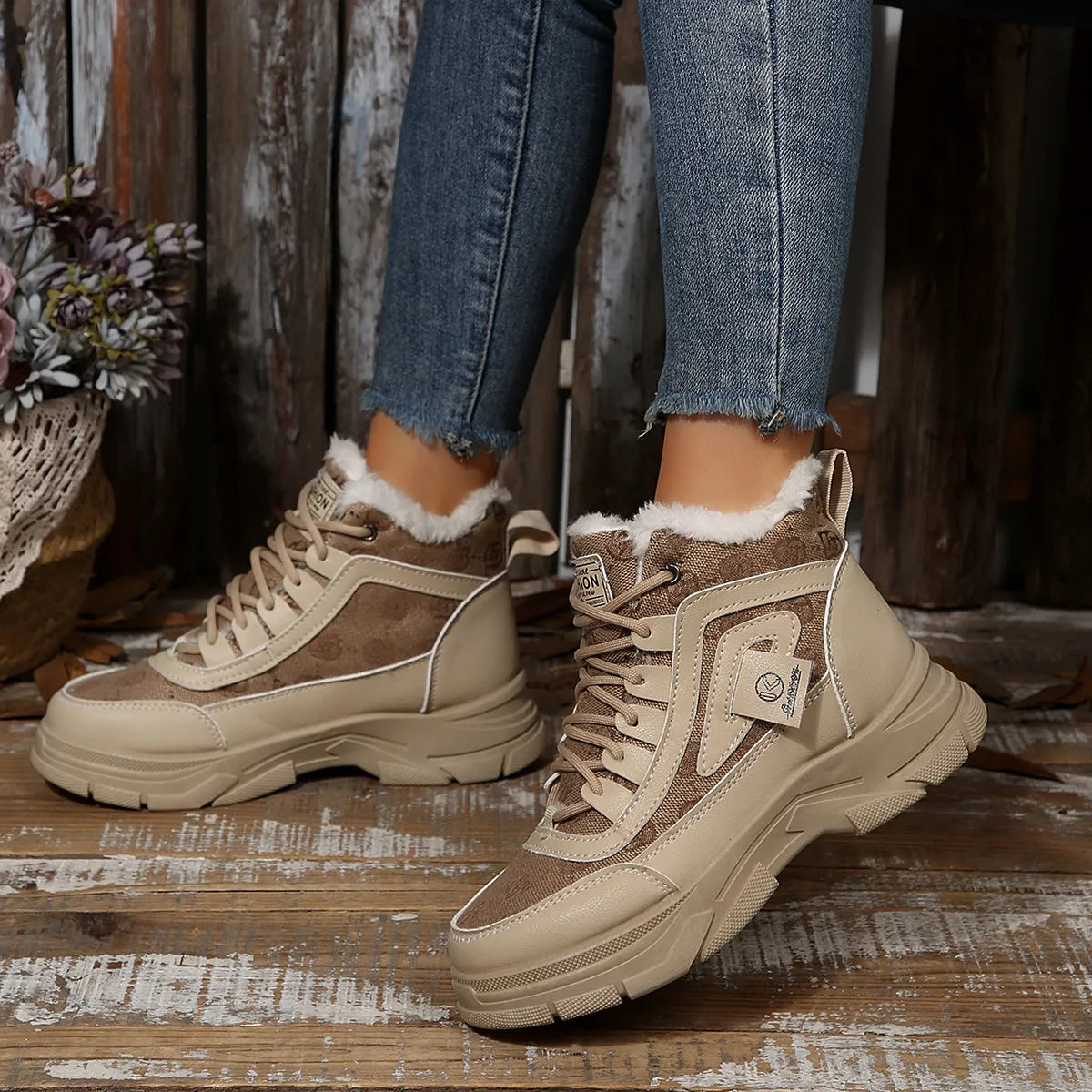 High-Top Platform Chunky Sneaker Boots with Lace-Up