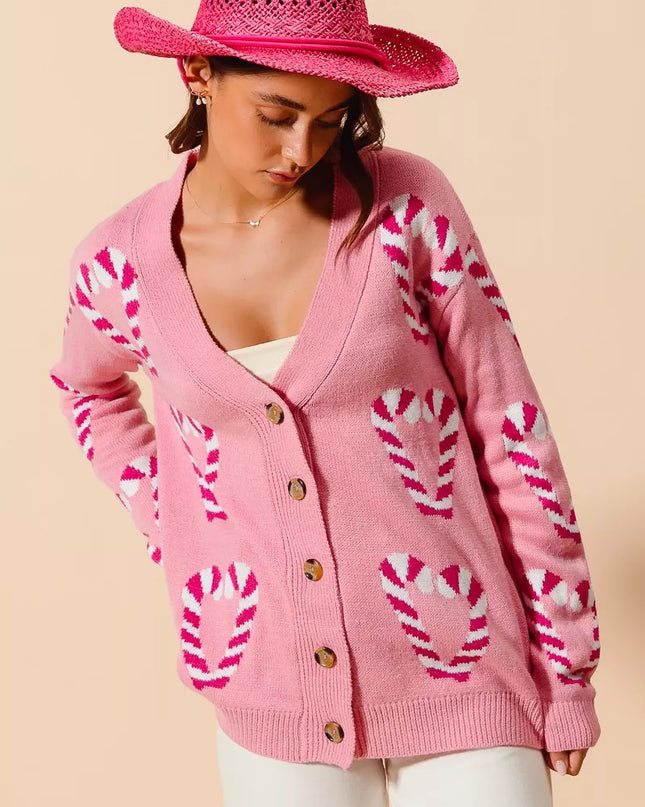 SO ME Christmas Candy Cane Button Front Sweater Cardigan