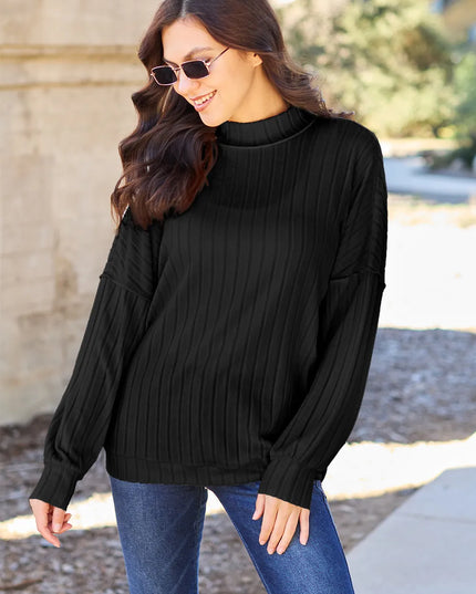 Basic Bae Full Size Ribbed Exposed Seam Mock Neck Knit Top
