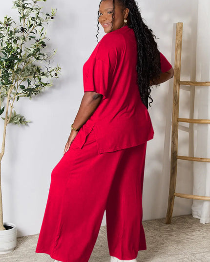 Double Take Full Size Round Neck Slit Top and Pants Set