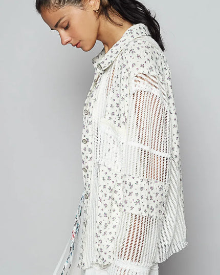 POL Floral Crochet Patchwork Long Sleeve Shirt