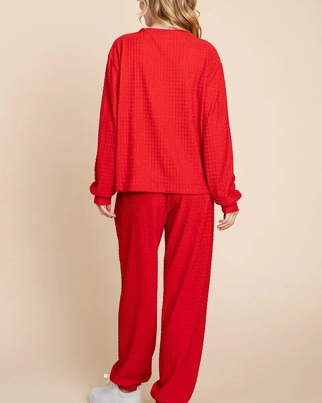 Super Lady Full Size Crinkle Check Round Neck Top and Pants Lounge Set