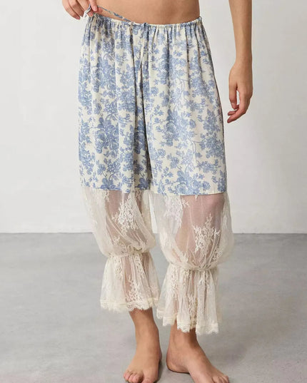 Floral Lace Patchwork Pants Light Blue