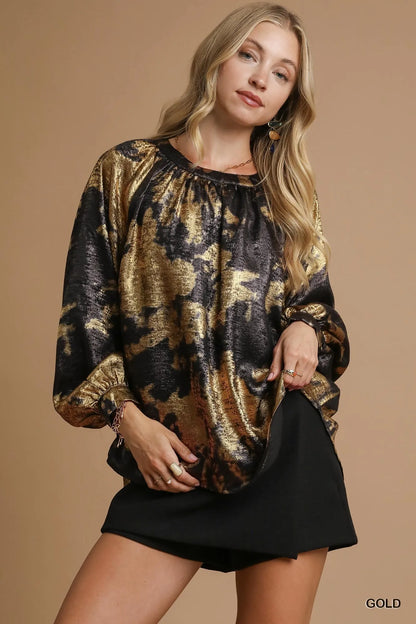 Umgee Metallic Fabric Blouse with Balloon Sleeves GOLD