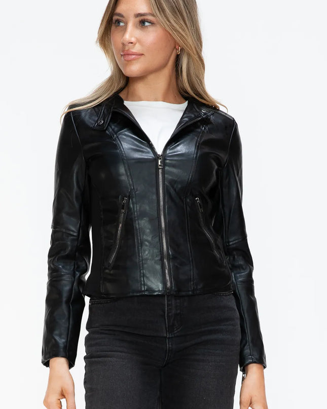 Snobbish Faux Leather Zip Up Drawstring Hooded Jacket