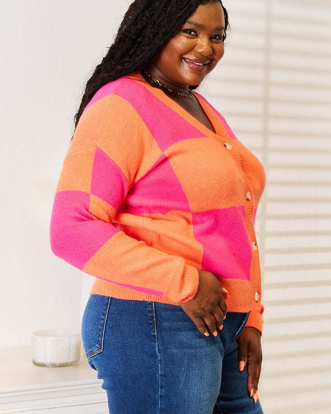 Angel Wings Woven Right Checkered V-Neck Dropped Shoulder Cardigan