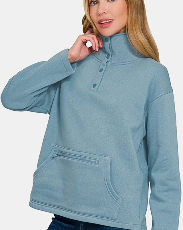 Zenana Turtleneck Half Snap Fleece Sweatshirt