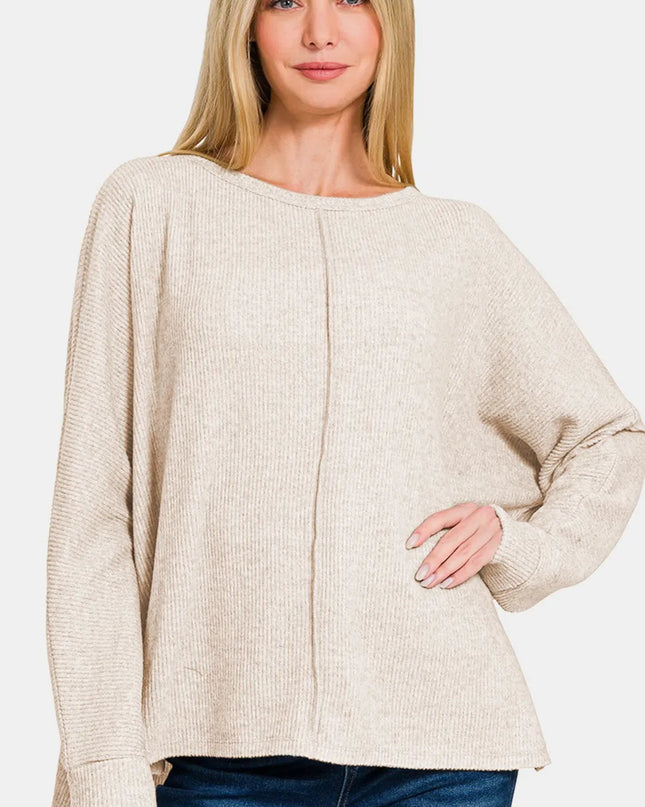 Zenana High-Low Side Slit Round Neck T-Shirt Sand Beige