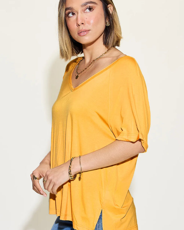 Basic Bae Full Size Bamboo Slit V-Neck Short Sleeve T-Shirt