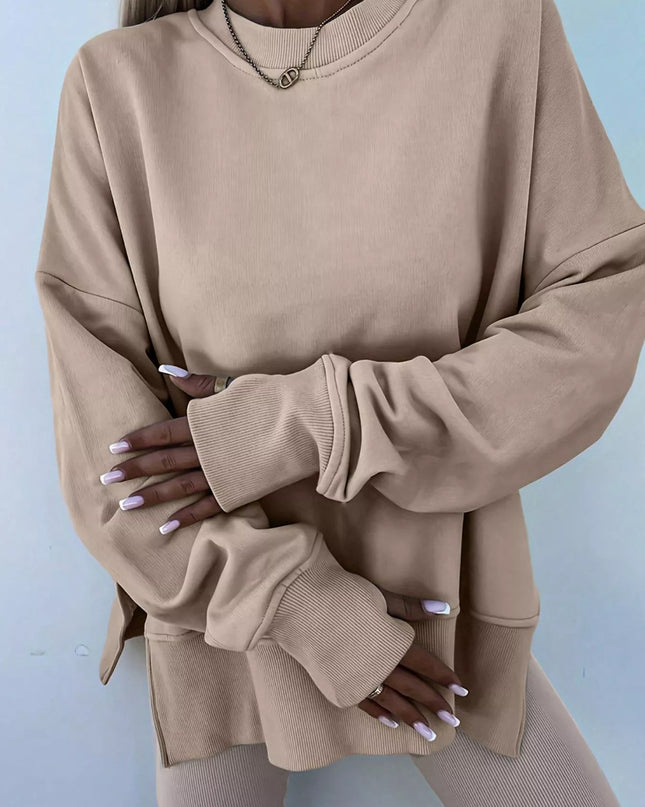 Solid Color Oversize Slit Sweatshirt and Ribbed Leggings 2pcs Set