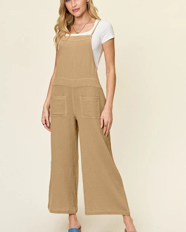Double Take Full Size Texture Sleeveless Wide Leg Overall Khaki