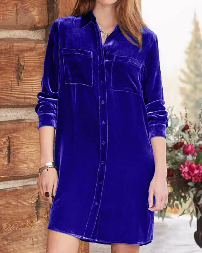 High-Low Button Up Long Sleeve Knee Length Dress
