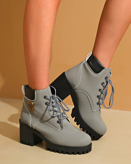 Lace Up Block Heel Boots Gray