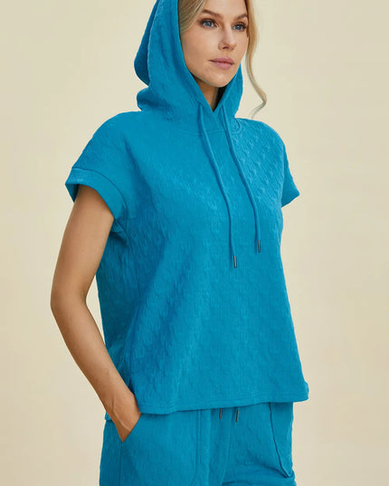 Double Take Full Size Texture Drawstring Short Sleeve Hoodie and Pocketed Pants Set