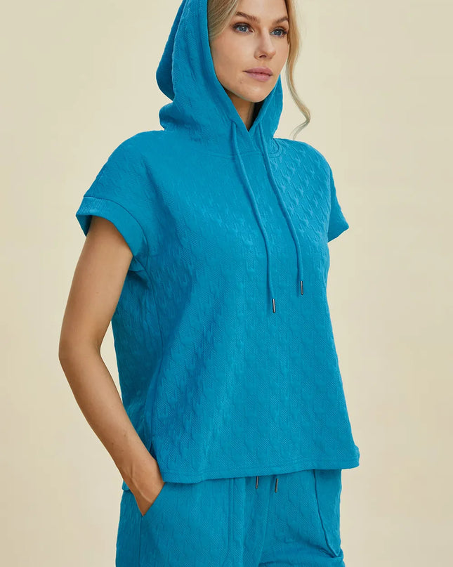 Double Take Full Size Texture Drawstring Short Sleeve Hoodie and Pocketed Pants Set