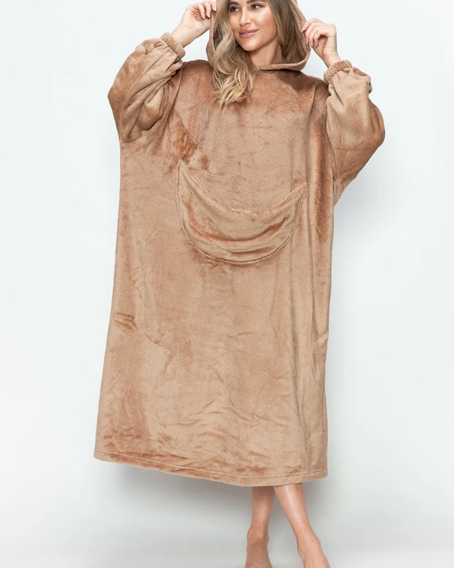 Double Take Full Size Pocketed Hooded Midi Lounge Dress Mocha