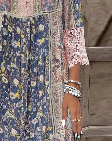 Full Size Lace Detail Printed Three-Quarter Sleeve Dress