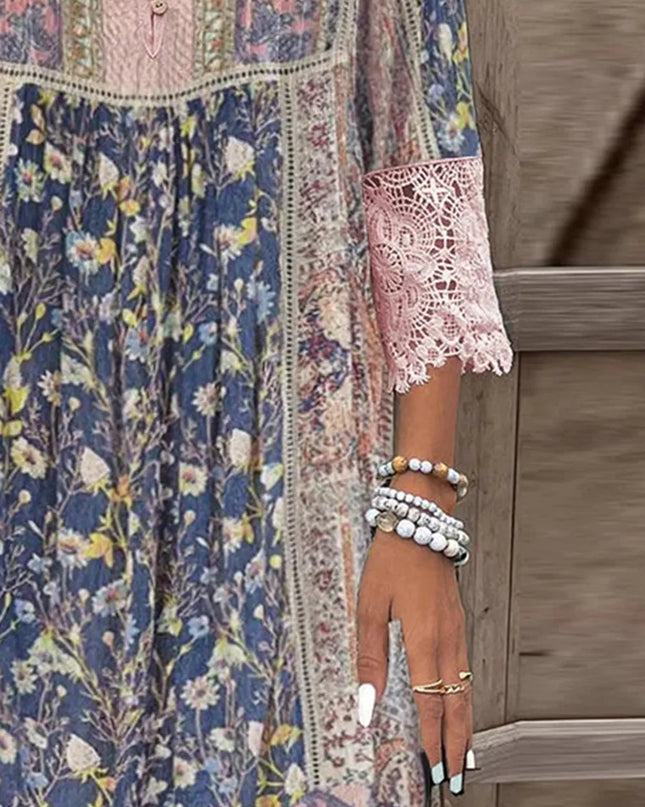 Full Size Lace Detail Printed Three-Quarter Sleeve Dress