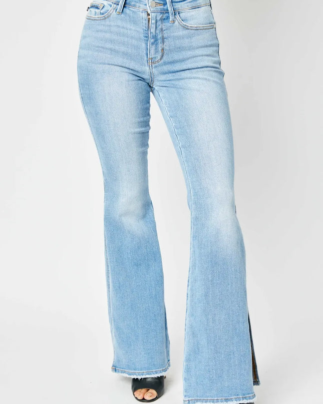 Judy Blue Full Size Mid Rise Raw Hem Slit Flare Jeans Medium