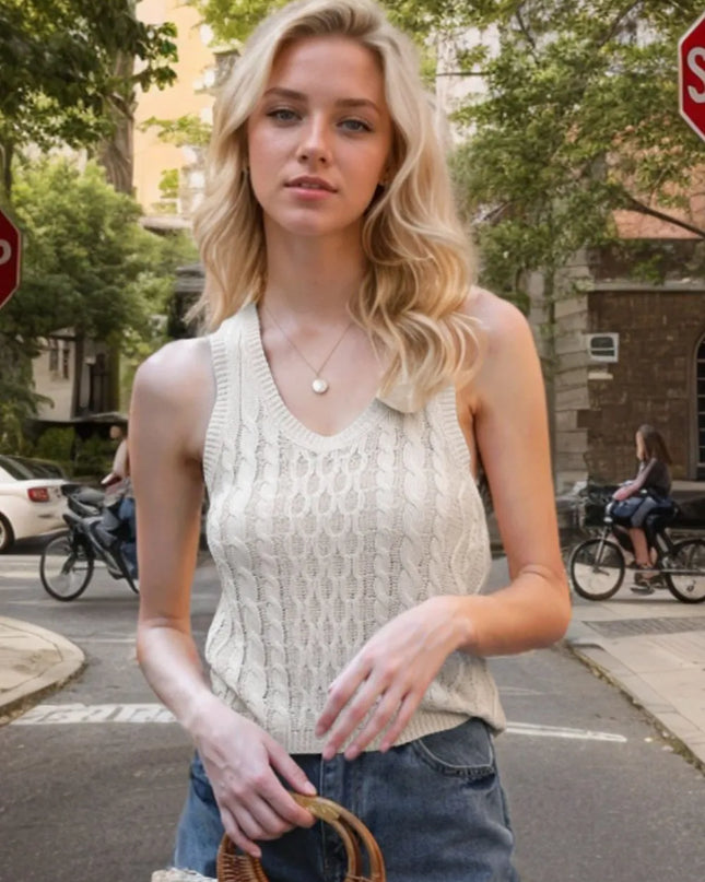Cable-Knit V-Neck Knit Tank