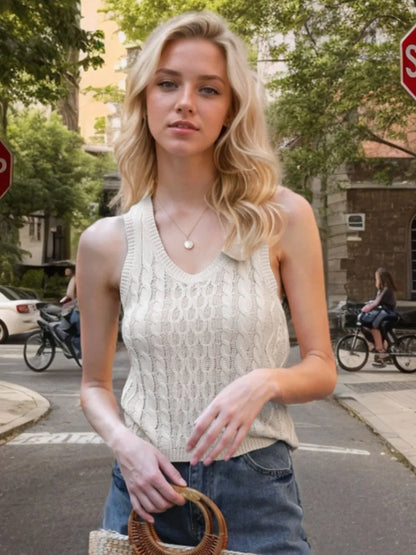 Cable-Knit V-Neck Knit Tank