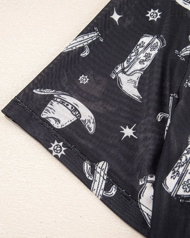 Western Pattern Mesh Sheer Crew Neck Top