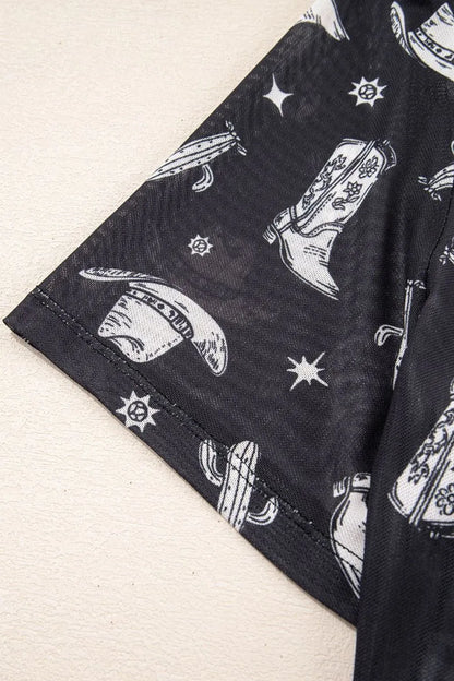 Western Pattern Mesh Sheer Crew Neck Top