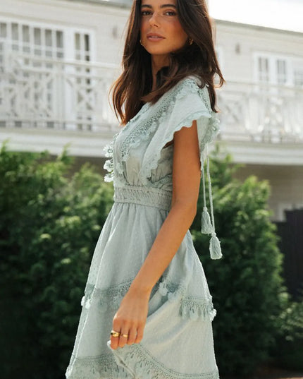 Lace Detail Plunge Short Sleeve Mini Dress