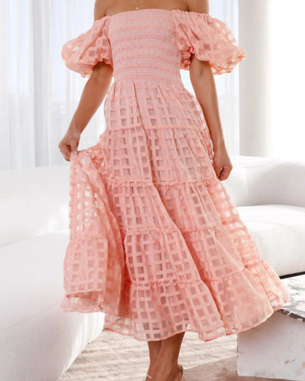 Off Shoulder Short Puff Sleeve Midi Dress