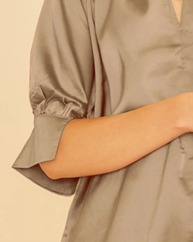 Annie Wear Satin V Neck Open Short Sleeve Woven Blouse Top