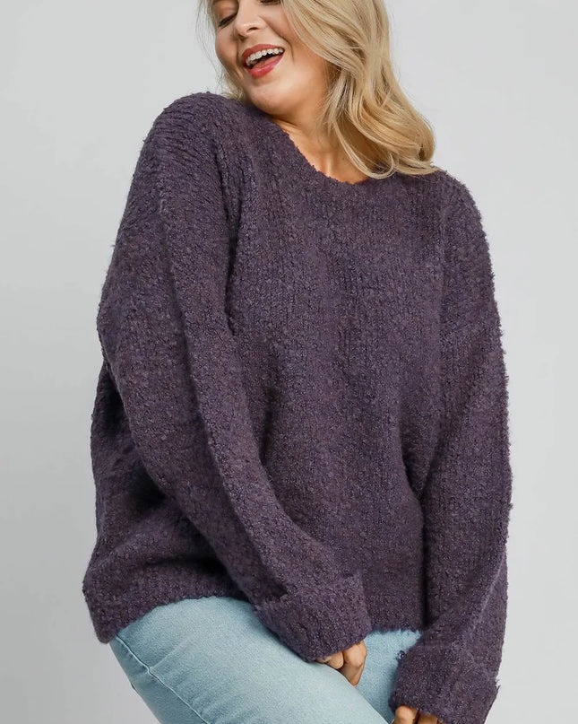 Umgee Full Size Round Neck Long Sleeve Boucle Sweater Plus Size