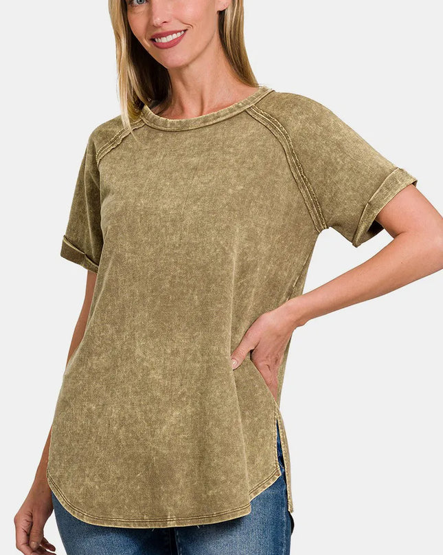 Zenana Heathered Round Neck Short Sleeve Top Mocha