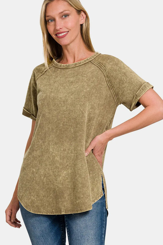 Zenana Heathered Round Neck Short Sleeve Top Mocha