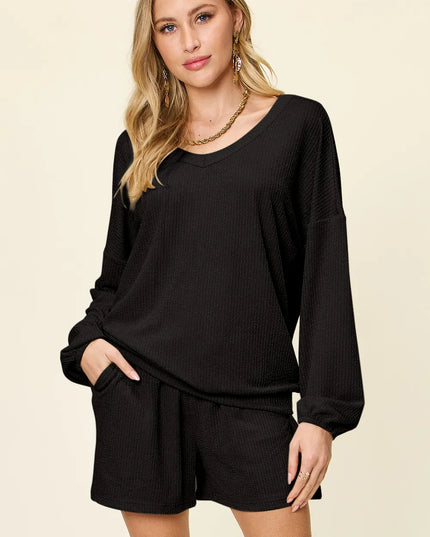 Double Take Full Size Texture V-Neck Long Sleeve T-Shirt and Shorts Set Black