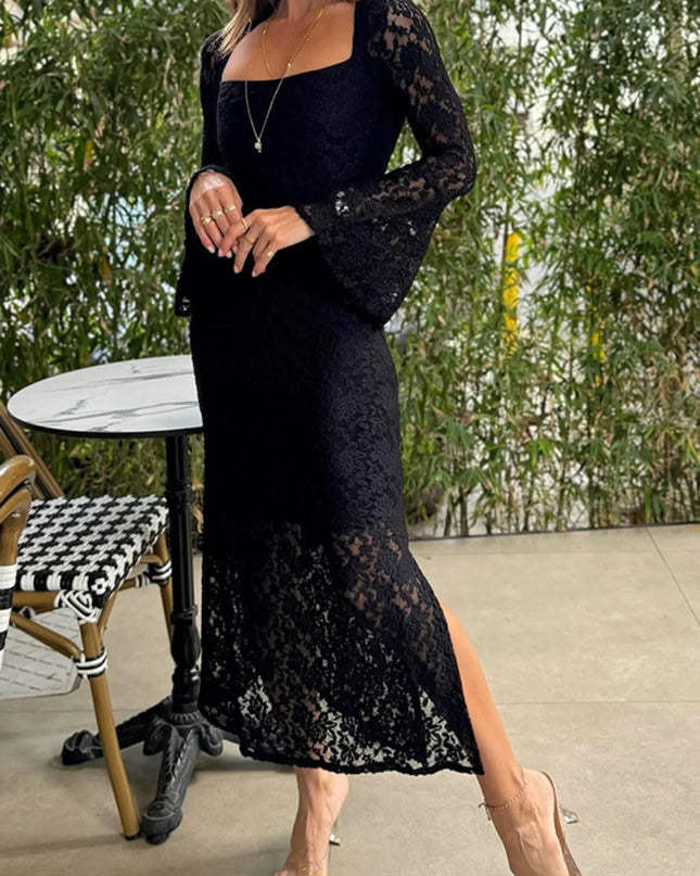 Lace Bell Sleeve Square Neck Bodycon Dress