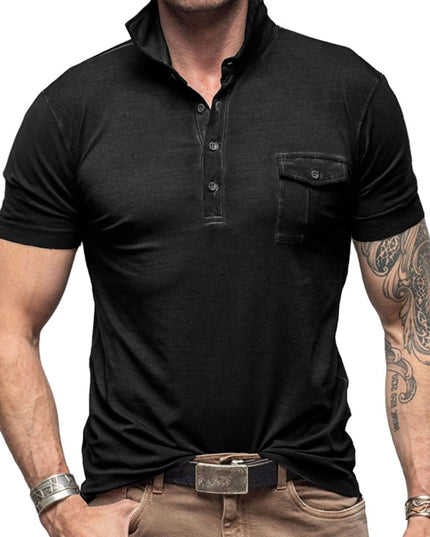 Men's Classic Pocket Polo Shirt with Stand Collar Black