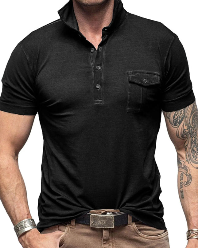 Men's Classic Pocket Polo Shirt with Stand Collar Black