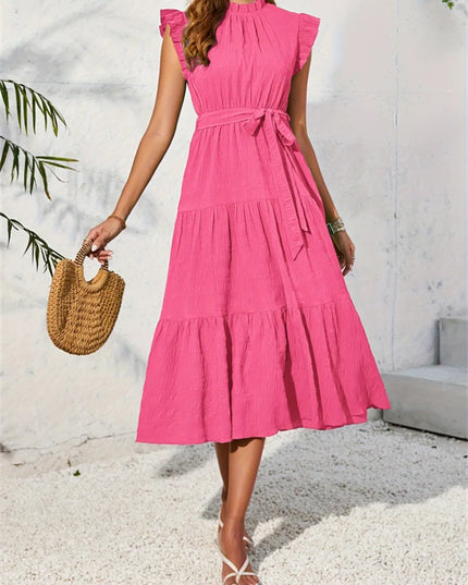 Frill Mock Neck Ruffled Cap Sleeve Midi Dress