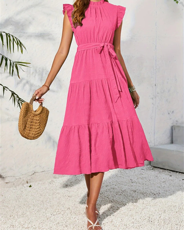 Frill Mock Neck Ruffled Cap Sleeve Midi Dress